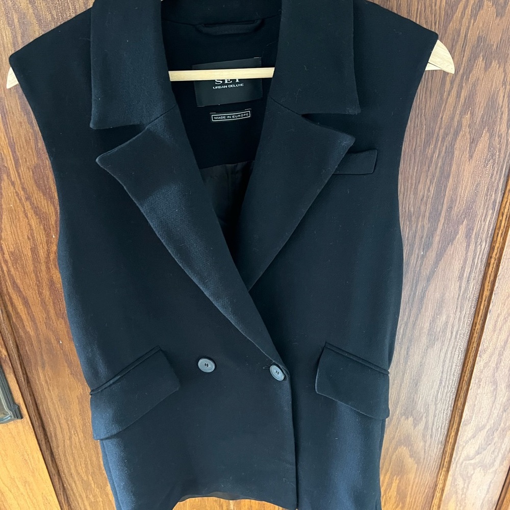 SET Urban Deluxe Viscose Wool Sleeveless Blazer Vest Long Black Small EUC